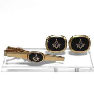Vintage Anson Masonic Cufflinks Tie Clip Set Gold Tone Black Freemason Emblem